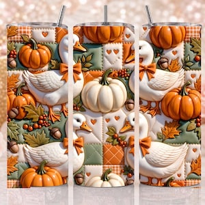Fall Quilt Pattern Goose Pumpkin Tumbler Wrap PNG, Autumn Sublimation Design (Digital Download)