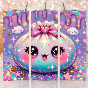 Puede incluir: Un vaso cilíndrico con pajita sobre fondo morado, con un personaje central de ojos grandes y lazo, glaseado que gotea, purpurina colorida, estrellas brillantes y nubes sonrientes en tonos vibrantes de rosa, azul y dorado.