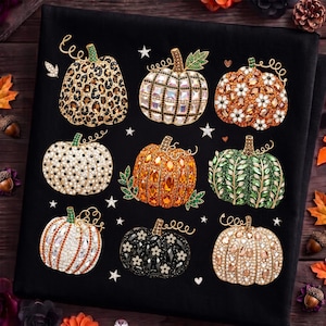 May include: A black t-shirt featuring a graphic print of nine decorative pumpkins. Each pumpkin displays a unique pattern, including leopard print, floral accents, geometric crystals, and pearl-like textures, interspersed with small white stars.