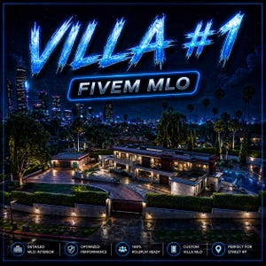 Może przedstawiać: Cyfrowy obraz nowoczesnej willi w nocy, z tekstem "VILLA #1" i "FIVEM MLO" w neonowym niebieskim kolorze. Obraz przedstawia szczegółowe wnętrze MLO, zoptymalizowaną wydajność i gotowość do gry w 100%. Willa jest niestandardowa i idealna do street RP.