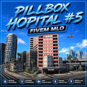 Könnte beinhalten: Eine digitale Darstellung einer Stadtlandschaft mit einem Krankenhaus im Mittelpunkt. Der Text "PILLBOX HOPITAL #5 FIVEM MLO" ist prominent dargestellt. Das Bild enthält einen Hubschrauber, Palmen und andere Gebäude, mit zusätzlichem Text unten.