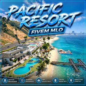 Może przedstawiać: Cyfrowe renderowanie nadmorskiego kurortu z tekstem "PACIFIC RESORT FIVEM MLO". Obraz przedstawia plażę, budynki, basen i molo. Dodatkowy tekst zawiera "DETAILED MLO INTERIOR", "OPTIMIZED PERFORMANCE" i "100% ROLEPLAY READY".