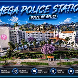 Może przedstawiać: Obraz dużego kompleksu budynków z tekstem "MEGA POLICE STATION FIVEM MLO" w niebieskiej neonowej ramie. Obraz zawiera również tekst "DETAILED MLO INTERIOR", "OPTIMIZED PERFORMANCE", "100% ROLEPLAY READY", "CUSTOM POLICE MLO" i "PERFECT FOR STREET RP".