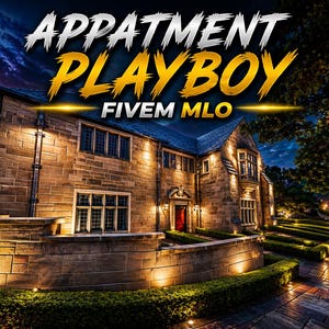 Może przedstawiać: Duży kamienny budynek oświetlony nocą, z napisem "APPATMENT PLAYBOY FIVEM MLO". Budynek ma czerwone drzwi i jest otoczony zadbanymi ogrodami i ścieżkami.