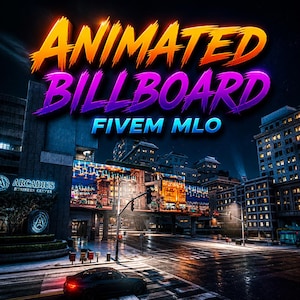 Może przedstawiać: Nocny krajobraz miejski z dużym animowanym billboardem. Na billboardzie widnieją słowa "ANIMATED BILLBOARD" w kolorze pomarańczowym i fioletowym, poniżej "FIVE MLO". Budynki i ulica z samochodem znajdują się na pierwszym planie.