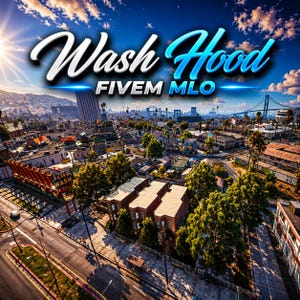 May include: An aerial view of a city with the text "Wash Hood FIVEM MLO" in white and blue. The image shows a car wash, buildings, a bridge, and palm trees under a blue sky with clouds.