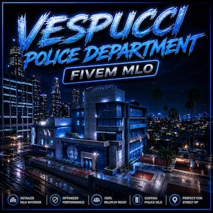 Może przedstawiać: Cyfrowa wizualizacja budynku Departamentu Policji Vespucci w nocy, z tekstem "VESPUCCI POLICE DEPARTMENT FIVEM MLO" w świecącej niebieskiej czcionce. Obraz zawiera ikony wskazujące szczegółowe wnętrze MLO, zoptymalizowaną wydajność i gotowość do odgrywania ról.