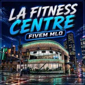 Könnte beinhalten: Ein beleuchtetes Bild eines Fitnesscenters bei Nacht. Die Worte "LA FITNESS CENTRE" sind in Weiß und Blau dargestellt, darunter "FIVE MLO". Das Gebäude hat große Fenster und ist von Stadtlichtern umgeben.