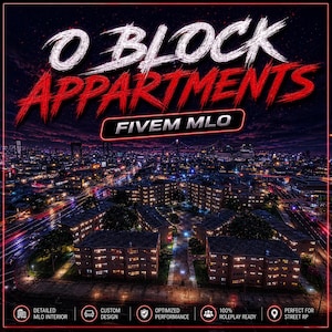 Może przedstawiać: Zdjęcie lotnicze nocnego miasta z podświetlonymi blokami mieszkalnymi. Tekst "O BLOCK APPARTMENTS" w kolorze białym i czerwonym, z napisem "FIVEM MLO" poniżej. Ikony na dole wskazują funkcje, takie jak szczegółowe wnętrze i niestandardowy design.