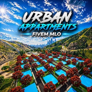 Puede incluir: Una ilustración digital de un paisaje con el texto "URBAN APPARTMENTS FIVE MLO". La imagen muestra un horizonte urbano, colinas verdes y numerosos árboles de hojas rojas que rodean piscinas azules.