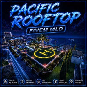 Könnte beinhalten: Ein digitales Bild einer Dachszene bei Nacht mit dem Text "PACIFIC ROOFTOP FIVEM MLO" in blauem Neon. Die Szene umfasst einen Hubschrauberlandeplatz, Palmen und Stadtlichter. Zusätzlicher Text enthält "DETAILED MLO INTERIOR" und "PERFECT FOR STREET RP."