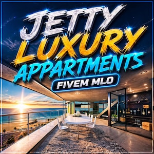 Könnte beinhalten: Eine digitale Darstellung eines luxuriösen Apartmentbalkons mit Blick auf das Meer bei Sonnenuntergang. Der Text "JETTY LUXURY APPARTMENTS" ist in einer stilisierten Schriftart dargestellt, darunter "FIVE MLO". Der Balkon verfügt über einen Esstisch und Stühle.