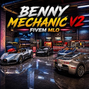 May include: An interior garage scene featuring several luxury sports cars in silver, black, and blue. The text "BENNY MECHANIC V2" is displayed in white and yellow, with "FIVE MLO" below it. The garage has tools and tires.