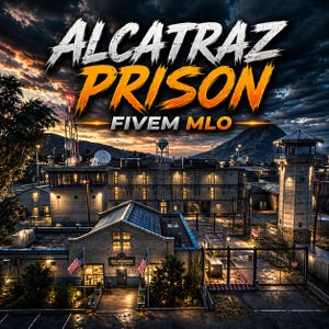 Może przedstawiać: Cyfrowa ilustracja więzienia Alcatraz z napisem "ALCATRAZ PRISON FIVE M MLO". Obraz przedstawia architekturę więzienia, w tym wieże strażnicze i budynki, na tle dramatycznego nieba.