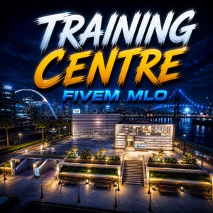 Może przedstawiać: Nocny krajobraz miejski z napisem "TRAINING CENTRE" w kolorze białym i złotym oraz "FIVE MLO" w kolorze niebieskim. Obraz przedstawia nowoczesny budynek ze szklaną fasadą, most i światła miasta.