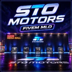 Könnte beinhalten: Nachtaufnahme eines Gebäudes mit der beleuchteten Aufschrift „STO MOTORS“ und „FIVE MLO“. Das Gebäude hat eine dunkle Fassade mit blauer und weißer Beleuchtung. Die Worte „DAVIS MEGA MALL“ sind ebenfalls sichtbar. Das Bild hat eine reflektierende Oberfläche.