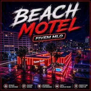 Könnte beinhalten: Eine nächtliche Stadtansicht mit einem Motel, das von roten Neonlichtern beleuchtet wird. Der Text "BEACH MOTEL" ist prominent dargestellt, zusammen mit "FIVEM MLO" und "Perrera Beach MOTEL VACANCY". Das Bild enthält auch Icons und Text.