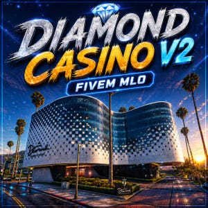 Può includere: Un'illustrazione digitale di un casinò con il testo "DIAMOND CASINO V2" in argento e oro, e "FIVE MLO" in blu. L'edificio ha un design moderno con una facciata in vetro e palme.