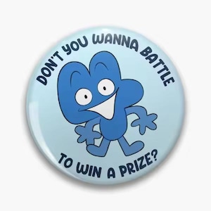 May include: A light blue button featuring a cartoon character in the shape of the number four. The character has a white mouth and eyes, and is smiling. The text around the edge reads "DON'T YOU WANNA BATTLE TO WIN A PRIZE?"