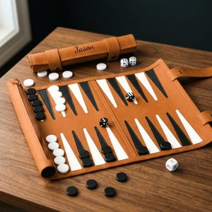 Personalized Leather Travel Backgammon,Custom Engraved Backgammon,Backgammon Roll Up Board,Luxury Travel Accessories, Gift for Him