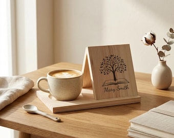 Soporte de madera triangular personalizado para libros, reposalibros personalizado, organizador de mesita de noche grabado, regalo para amantes de los libros, regalo para amantes de los libros