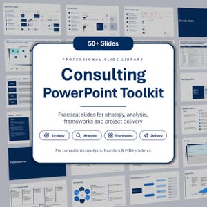 May include: A digital presentation in white and blue, featuring the text "Consulting PowerPoint Toolkit" and "50+ Slides". The presentation is designed for strategy, analysis, frameworks, and project delivery, aimed at consultants and analysts.