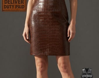 Crocodile Embossed Leather Midi Skirt Women, Brown Croc Print Pencil Skirt, Fitted High Waist Embossed Skirt, Handmade Leather Skirt