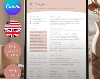 Szablon CV Canva | Różowe CV | Zestaw listów motywacyjnych | Edytowalny | Minimalistyczny i elegancki | Natychmiastowe pobranie | A4