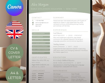 Szablon CV Canva | Zestaw szablonów listu motywacyjnego | Edytowalne CV | Minimalistyczny styl | Natychmiastowe pobranie | A4 | List US