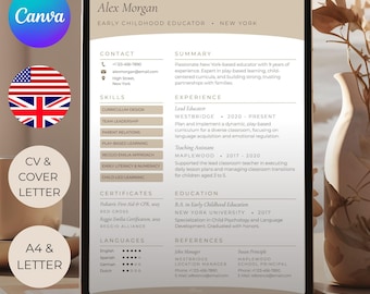 Szablon CV Canva | Zestaw szablonów listu motywacyjnego | Edytowalne CV | Minimalistyczny styl | Natychmiastowe pobranie | A4 | List US