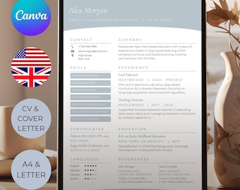Szablon CV Canva | Zestaw szablonów listu motywacyjnego | Edytowalne CV | Minimalistyczny styl | Natychmiastowe pobranie | A4 | List US
