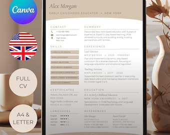 Szablon CV Canva | Edytowalne CV | Delikatny minimalizm | Natychmiastowe pobranie | A4 | US Letter