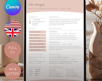 Szablon CV Canva | Edytowalne CV | Delikatny minimalizm | Natychmiastowe pobranie | A4 | US Letter