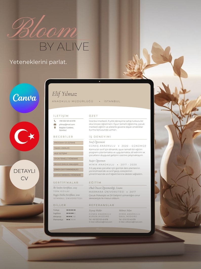 May include: A digital tablet displaying a professional resume for Elif Yilmaz, a preschool director in Istanbul. The screen shows sections for contact, skills, experience, education, and references. The tablet rests on a book near a vase with flowers.