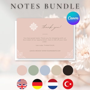 May include: A digital thank you notes bundle template featuring a blush pink card with a white mandala icon, script text reading thank you, and promotional text including the code THANKYOU10. Below are five colour circles and four national flags.