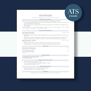May include: A professional resume template for David Kim featuring sections for professional summary, experience, education, certifications, development, awards, and interests. The document includes a circular blue badge with the text ATS friendly.