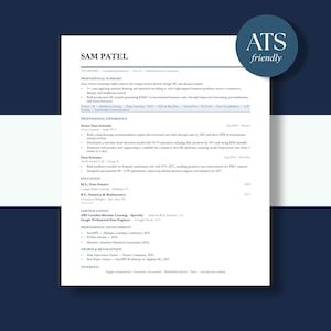 May include: A professional CV document for Sam Patel, a data scientist, featuring sections for professional summary, experience, education, certifications, and awards. A blue circular badge in the top right corner displays the text ATS friendly.