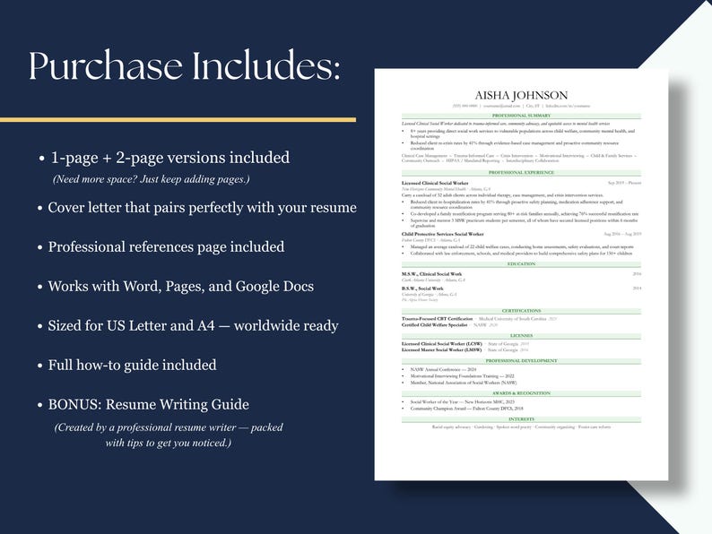 Social Worker Resume Template ATS Friendly | Google Docs Word Pages ...