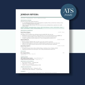 May include: A white resume template for a software engineer named Jordan Rivera, featuring black text, structured sections for professional summary, experience, education, and certifications, with a blue circular badge stating ATS friendly.