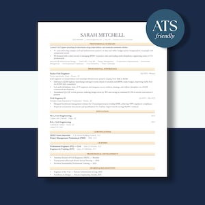 Peut inclure: Un modèle de CV professionnel pour ingénieur civil au nom de Sarah Mitchell, comprenant des sections pour le résumé, l'expérience, l'éducation, les certifications, les licences et les prix, avec un badge bleu circulaire marqué ATS friendly.
