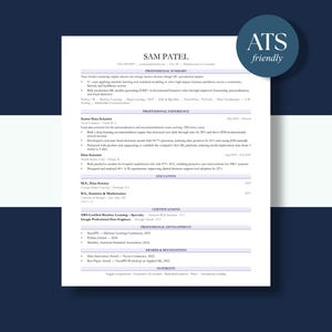 May include: A white resume with the name "SAM PATEL" at the top, featuring sections for professional summary, experience, education, certifications, and awards. The resume is against a navy blue and white striped background with a circular "ATS friendly" graphic.