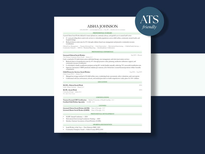 Social Worker Resume Template ATS Friendly | Google Docs Word Pages ...