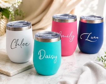Bicchiere termico da vino da 350 ml con nome personalizzato inciso, tazza in acciaio inossidabile personalizzata, regalo unico per damigelle d'onore, souvenir di un viaggio tra amiche