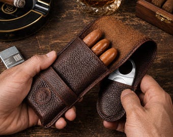 Personalized Leather Cigar Case, 3 Cigar Travel Holder with Cutter Pocket, Groomsmen Gift for Him