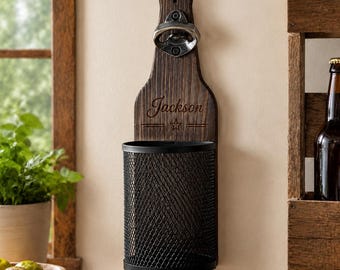 Abridor de garrafas de parede personalizado em madeira, coletor de tampas rústico, presente personalizado para amantes de cerveja.