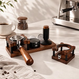 Estación de prensado de espresso personalizada, soporte de madera para prensador de portafiltro, organizador de accesorios de café