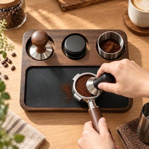 May include: A rectangular dark wood espresso tamping station featuring a black rubber mat base, three circular cutouts holding a wooden tamper, a black distribution tool, and a metal dosing cup, with a portafilter being pressed by a tamper.