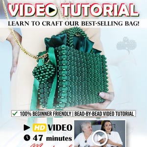 May include: A dark green beaded handbag with a gold chain strap and a heart-shaped charm. The image includes text: VIDEO TUTORIAL, LEARN TO CRAFT OUR BEST-SELLING BAG!, 100% BEGINNER FRIENDLY | BEAD-BY-BEAD VIDEO TUTORIAL, HD VIDEO, 47 minutes, Masterclass.