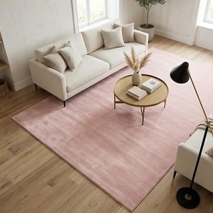 May include: A large rectangular area rug in a soft dusty pink hue with a subtle textured finish. The rug is positioned on a light wood floor beneath a cream-colored sofa, a round wooden coffee table, and a black floor lamp in a living room.