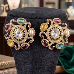 Monalisa-stenen statement-oorbellen, Poolse mehandi-oorbellen, veelkleurige koperen oorbellen, Indiase etnische sieraden, bruidsoorbellen